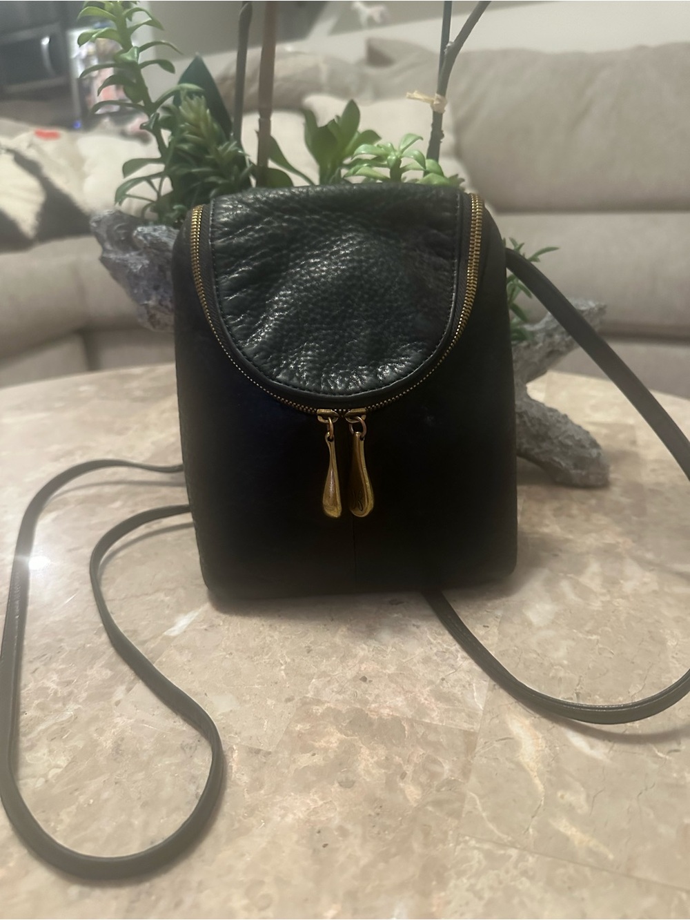 HOBO Fern Black Leather Mini Crossbody Bag with Gold Hardware